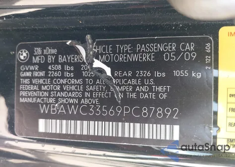 2009 BMW 328I xDrive из США, поврежденный, VIN WBAWC33569PC87892